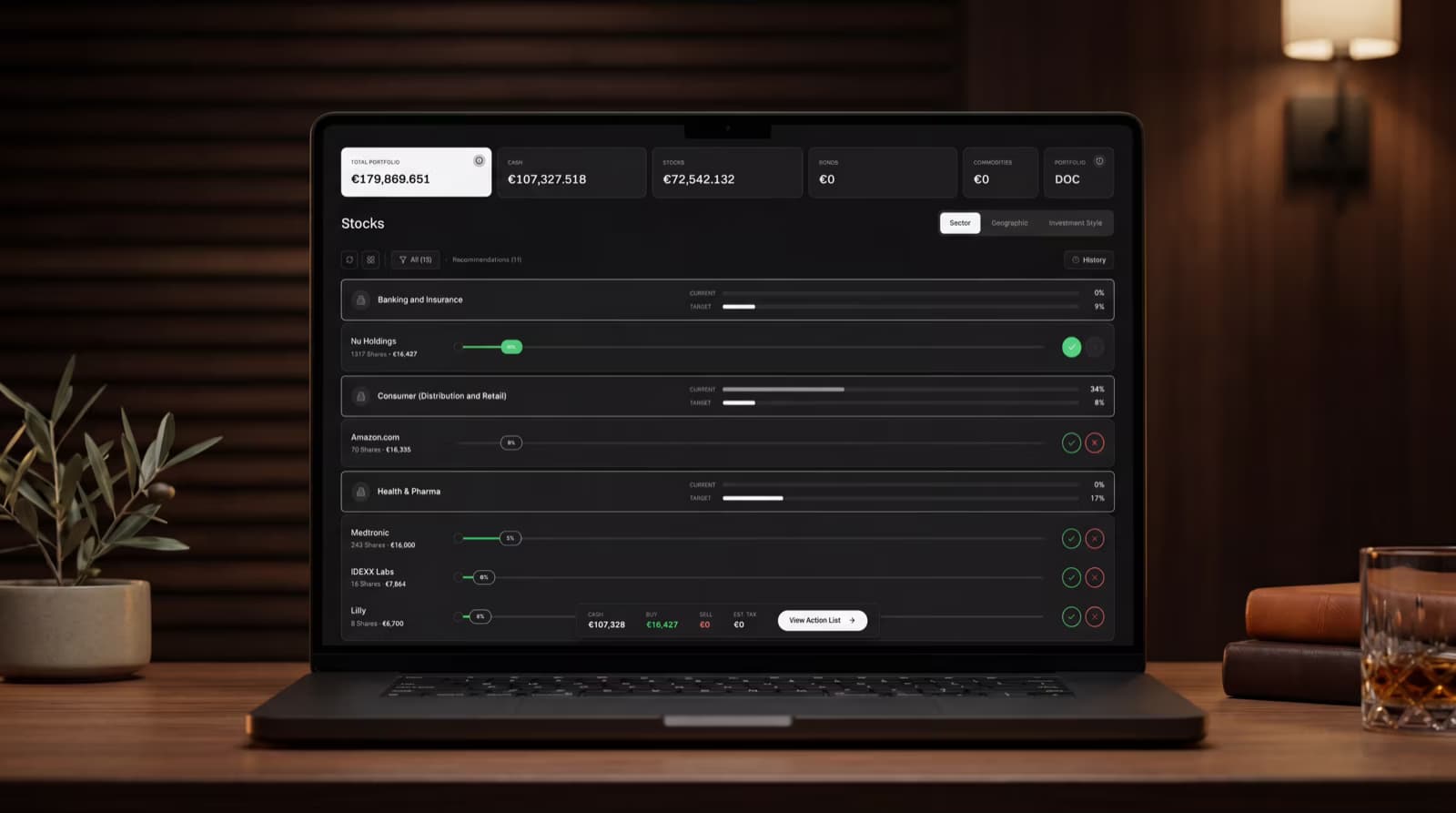 PortfolioDOC dashboard on a laptop showing portfolio holdings and recommendations